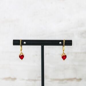 Heart Charm Huggie Hoop Earrings in Ruby Red and Gold